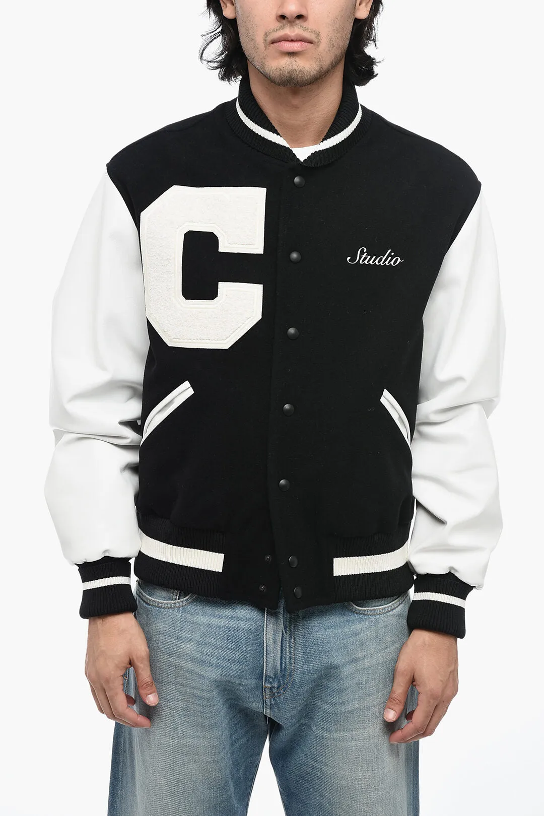 1989 Studio Wool Logoed Bomber with Leather Sleeves