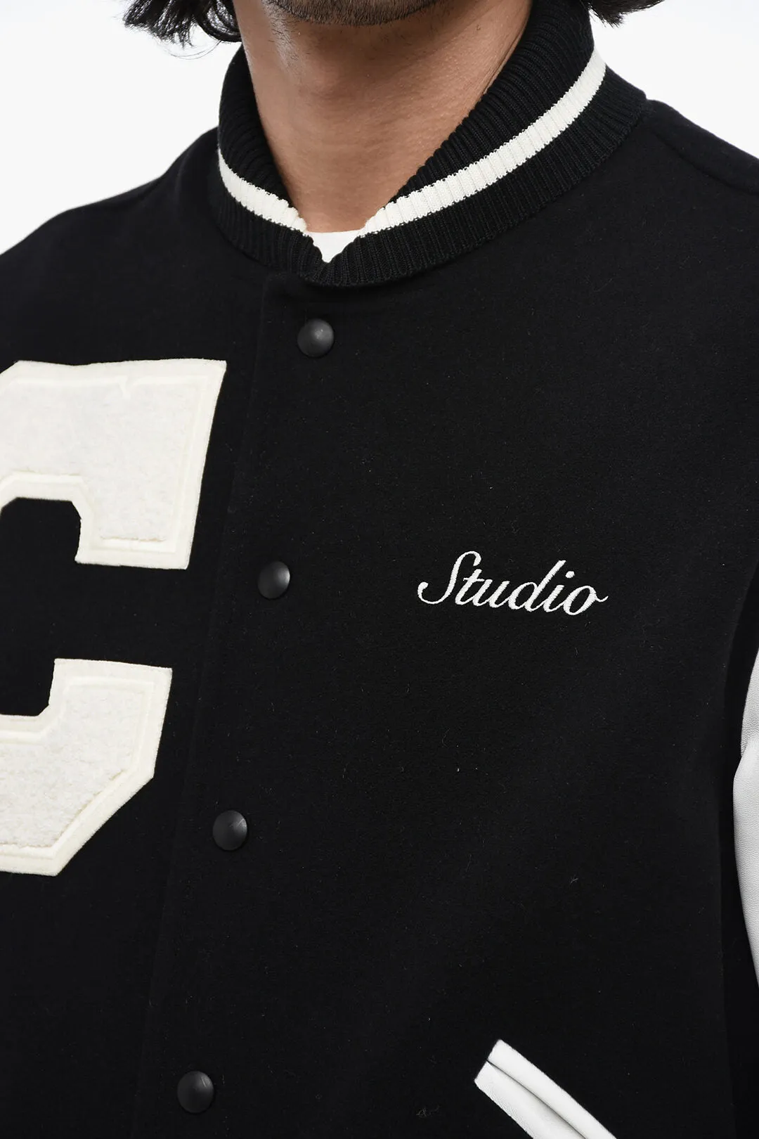 1989 Studio Wool Logoed Bomber with Leather Sleeves