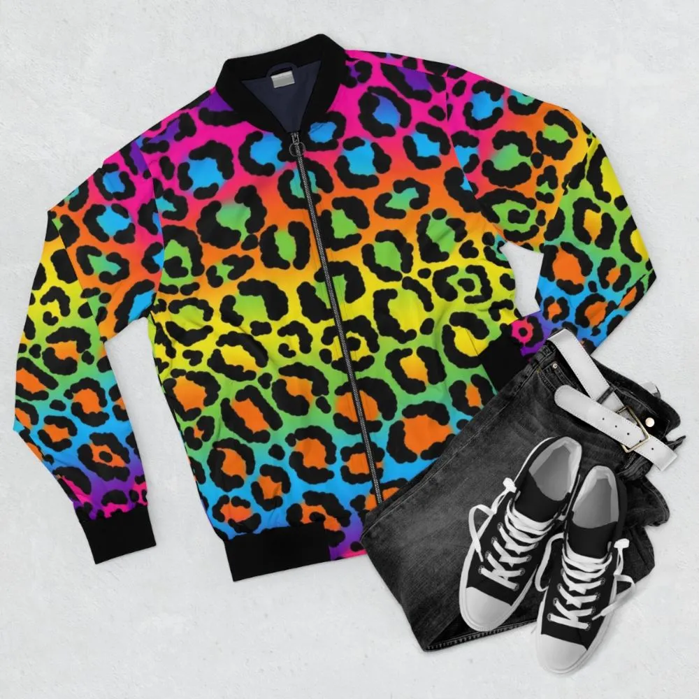 90s Leopard Print Bomber Jacket with Neon Rainbow