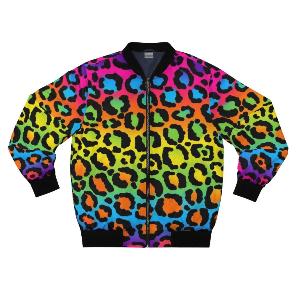 90s Leopard Print Bomber Jacket with Neon Rainbow