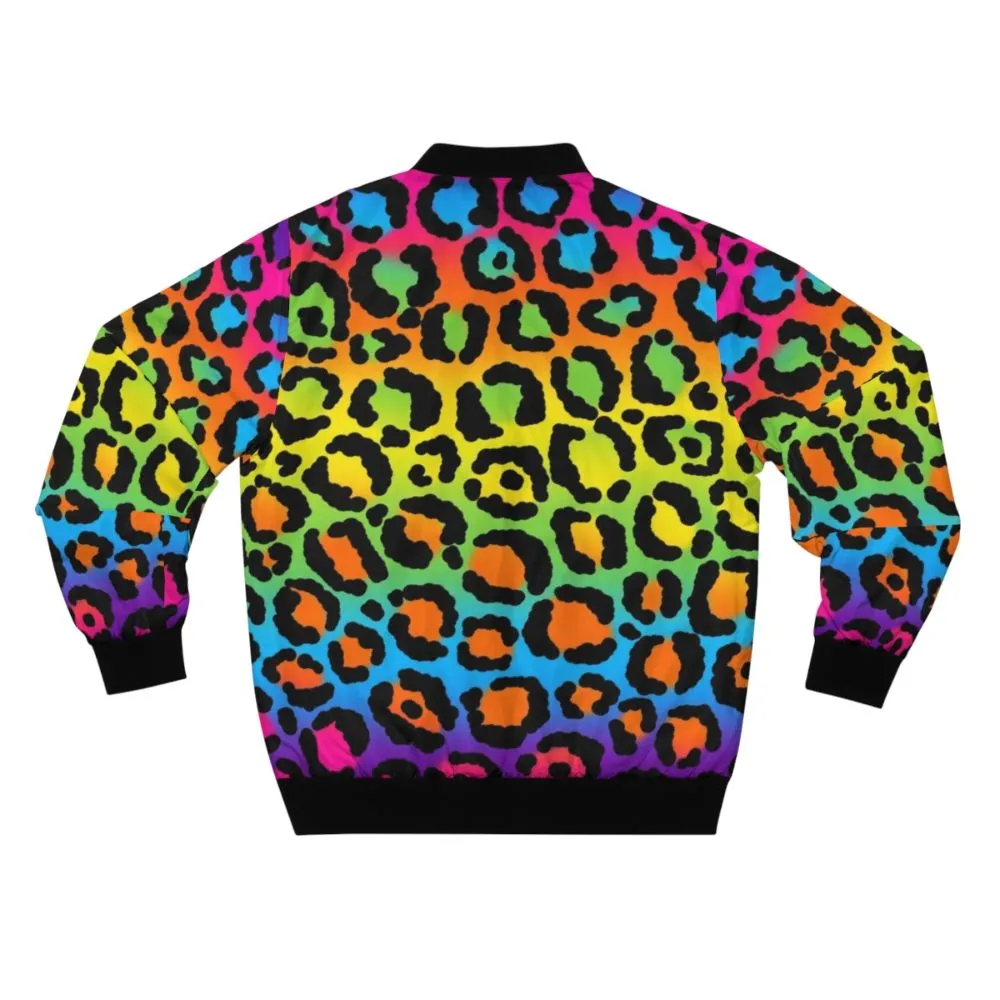 90s Leopard Print Bomber Jacket with Neon Rainbow