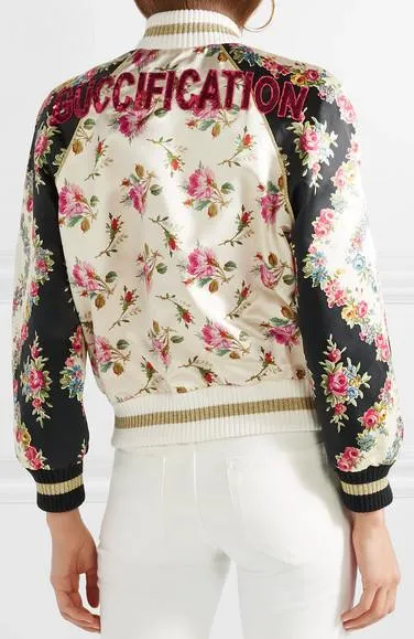 Appliquéd Floral-Print Duchesse Bomber Jacket