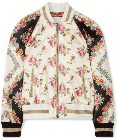 Appliquéd Floral-Print Duchesse Bomber Jacket