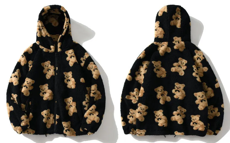 Bear Print Fleece Hooded Casual Jackets