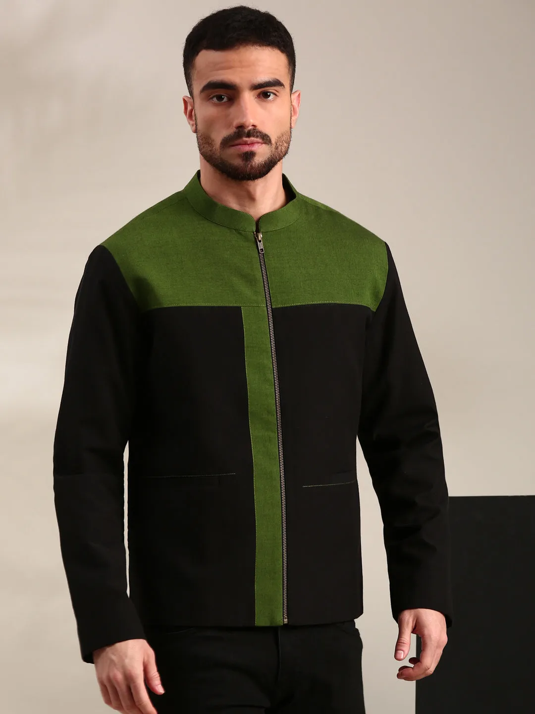 Black & Green Cotton Bomber Jacket