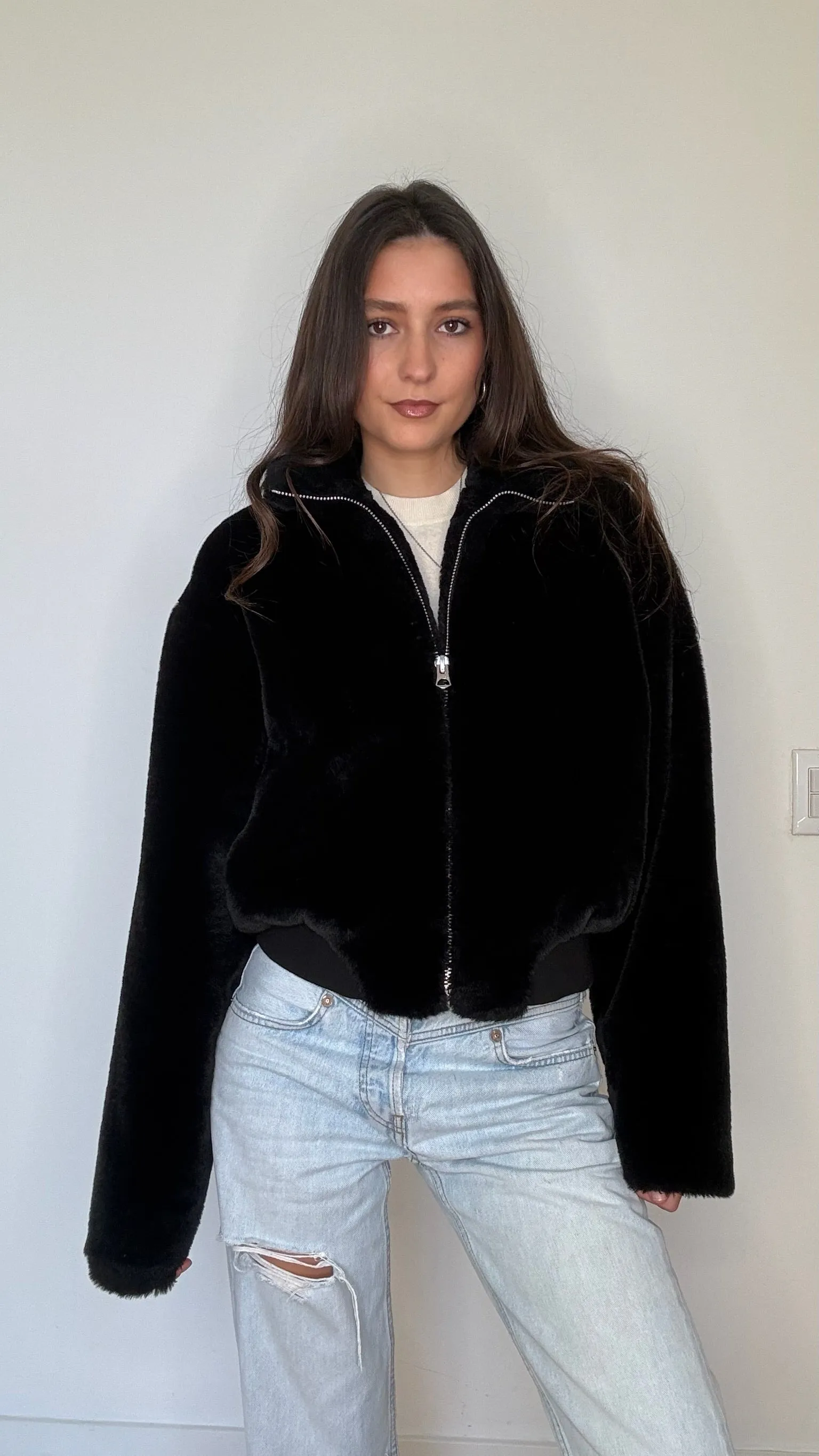 Black Faux-Fur Bomber - S