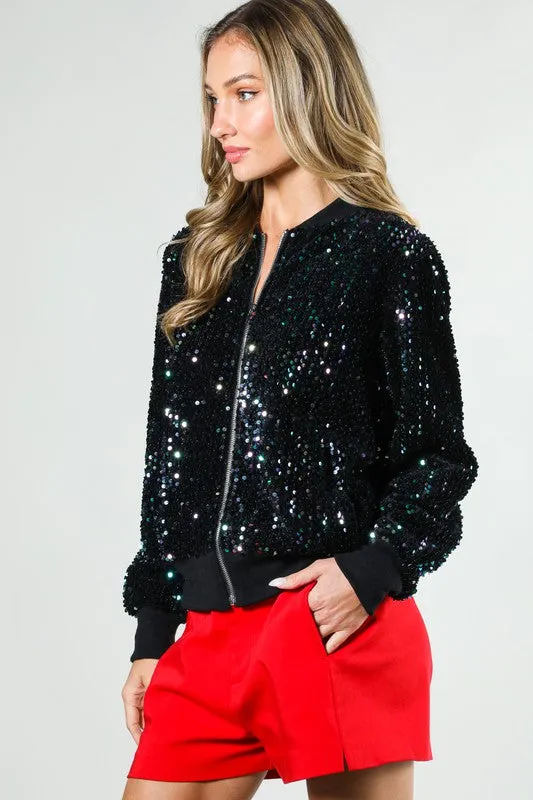 Black Multi Long Sleeve Sequin Bomber Jacket