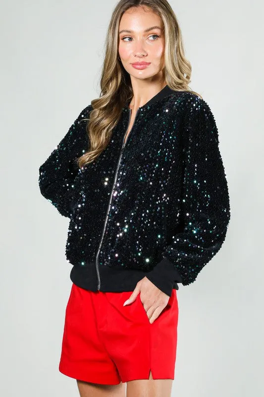 Black Multi Long Sleeve Sequin Bomber Jacket