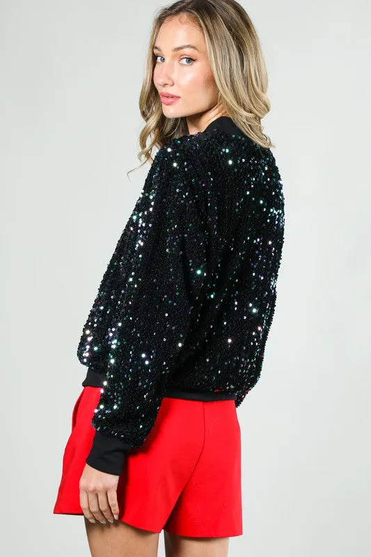 Black Multi Long Sleeve Sequin Bomber Jacket