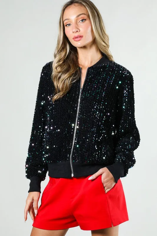 Black Multi Long Sleeve Sequin Bomber Jacket