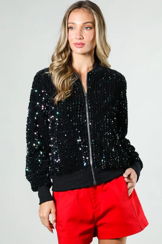 Black Multi Long Sleeve Sequin Bomber Jacket