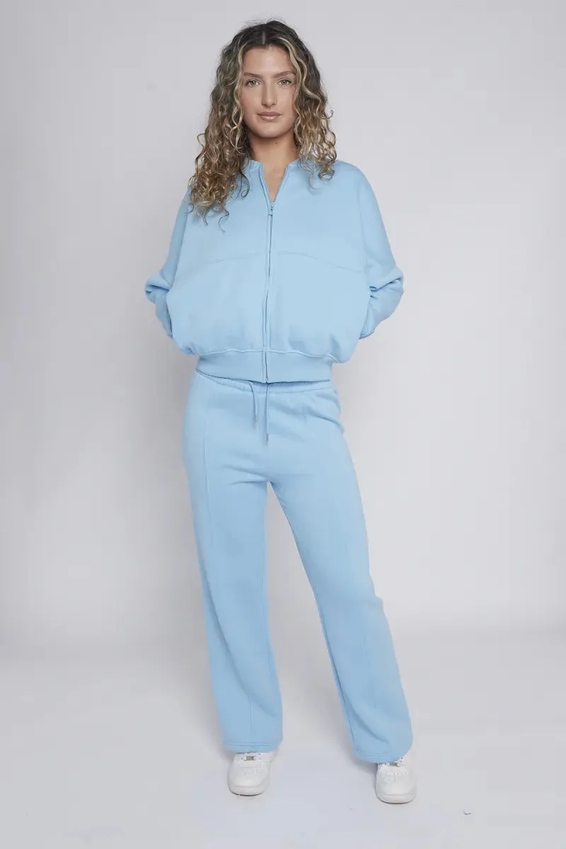 Blue Bomber Style Jacket & Wide Leg Bottoms Co-ord Loungewear Set