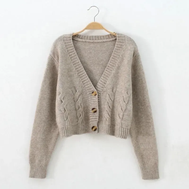 Casual V Neck Women Sweater Twisted Fashion Button Up Cardigan Sweater Fall Korean All Match Knitted Female Thin Coats