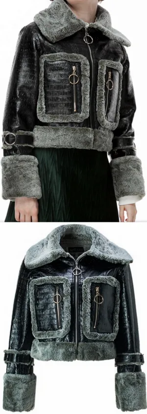 Crocodile Effect Faux-Leather Bomber Jacket with Fur Trim