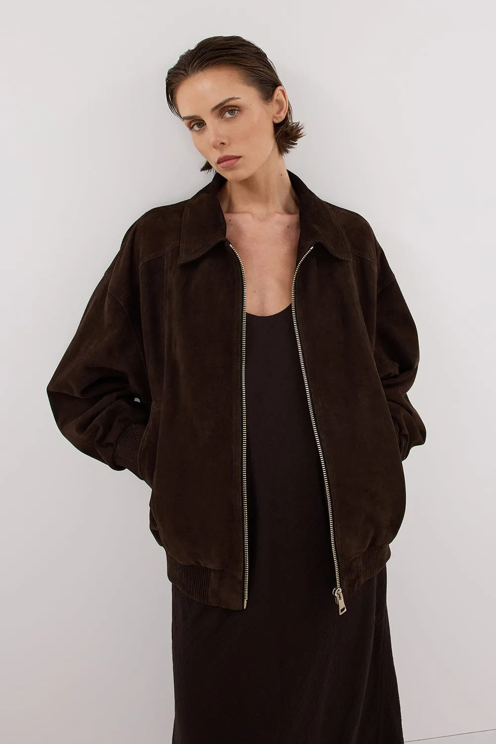 DALTON BITTER CHOC SUEDE BOMBER - PRE ORDER