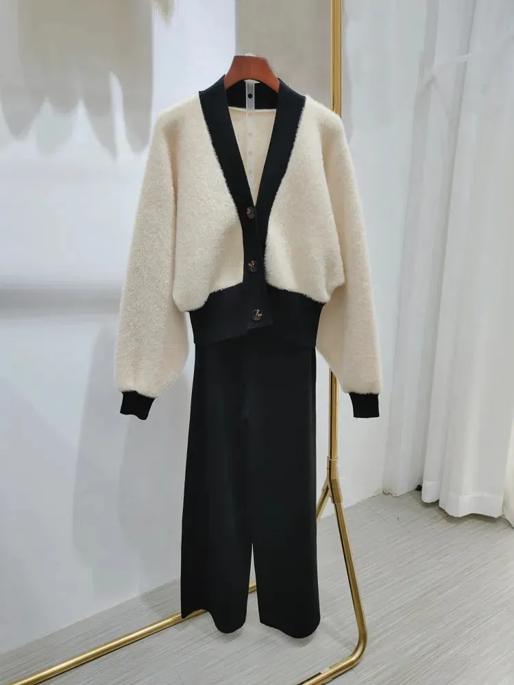 Fall Winter 2 Piece Set Women Mink Cashmere Cardigan Tracksuits Fashion Knitted Wide Leg Pant Set Ladies Sweater Suit  C-199