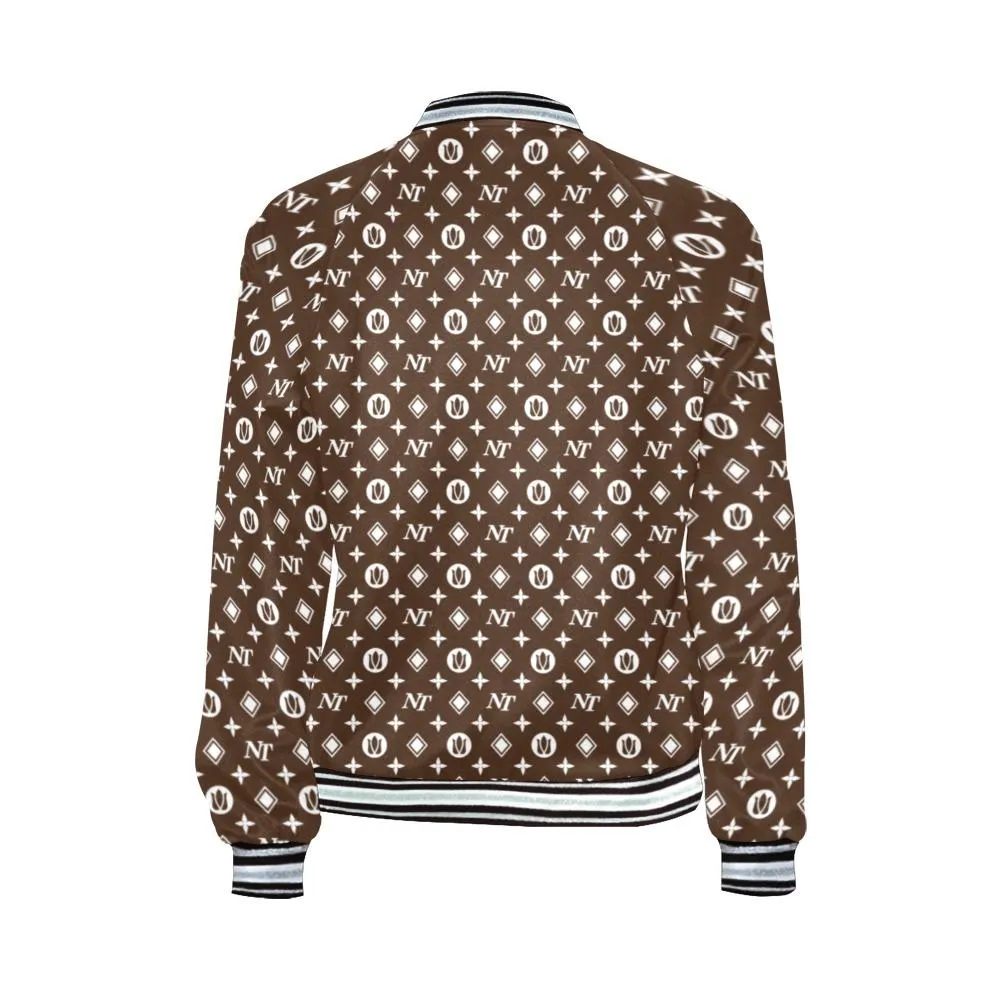 Fancy NT Pattern White on Brown Bomber Jacket for Women