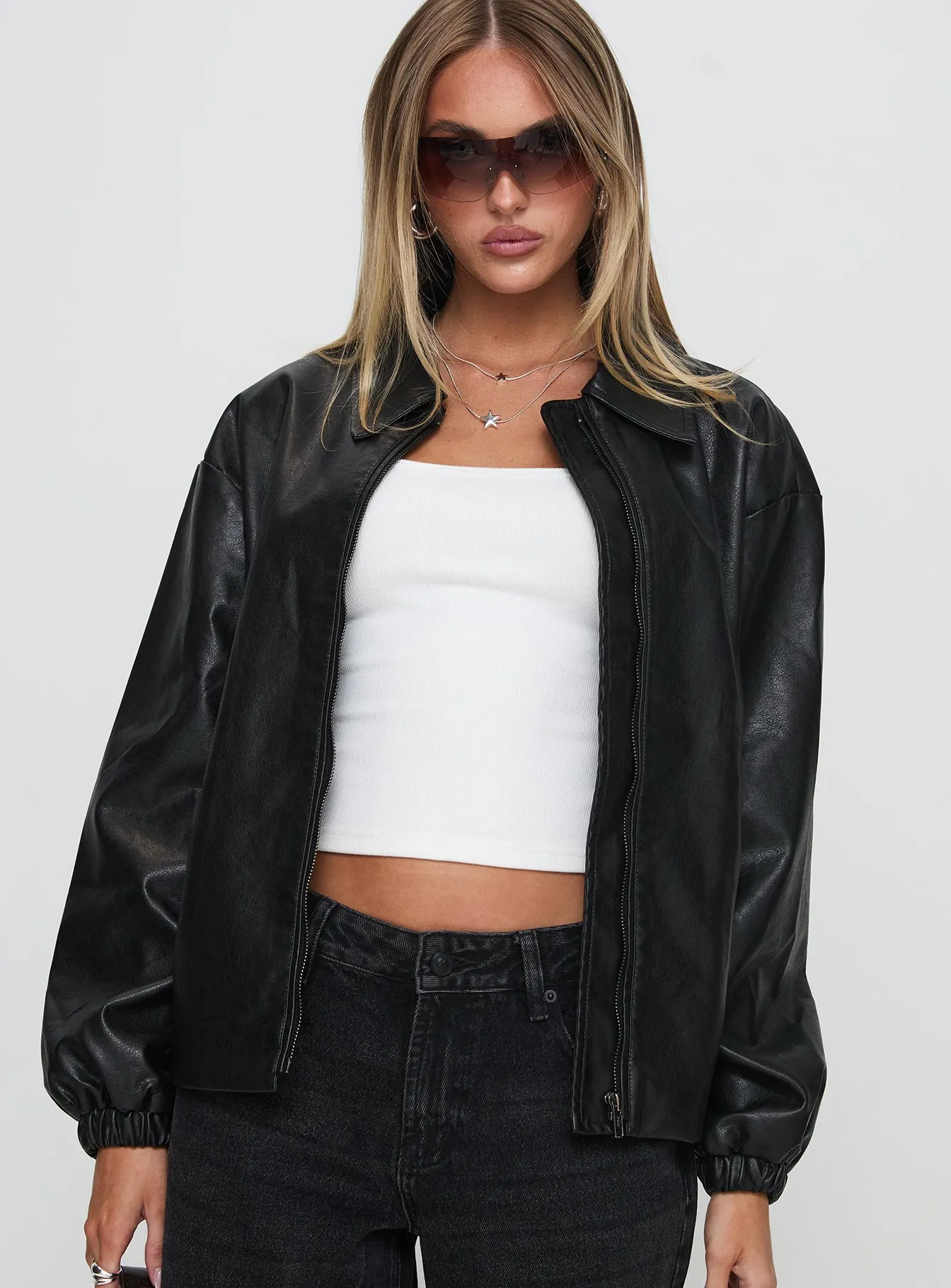 Fashionkova Missed Call Faux Leather Bomber Jacket Black