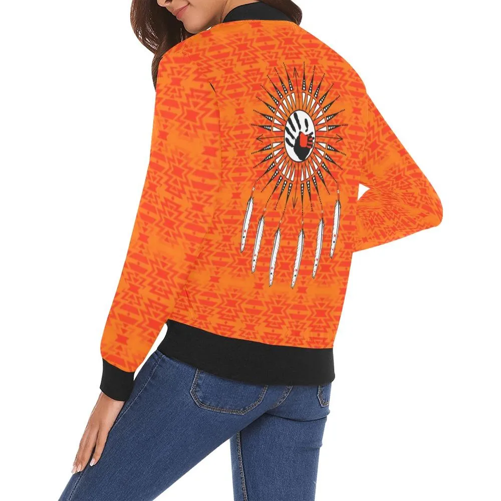 Fire Colors and Turquoise Orange Feather Directions Bomber Jacket for Women