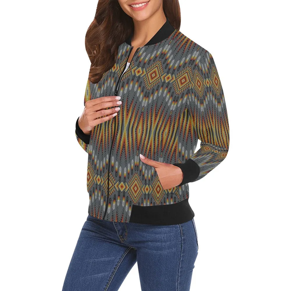 Fire Feather Grey All Over Print Bomber Jacket for Women