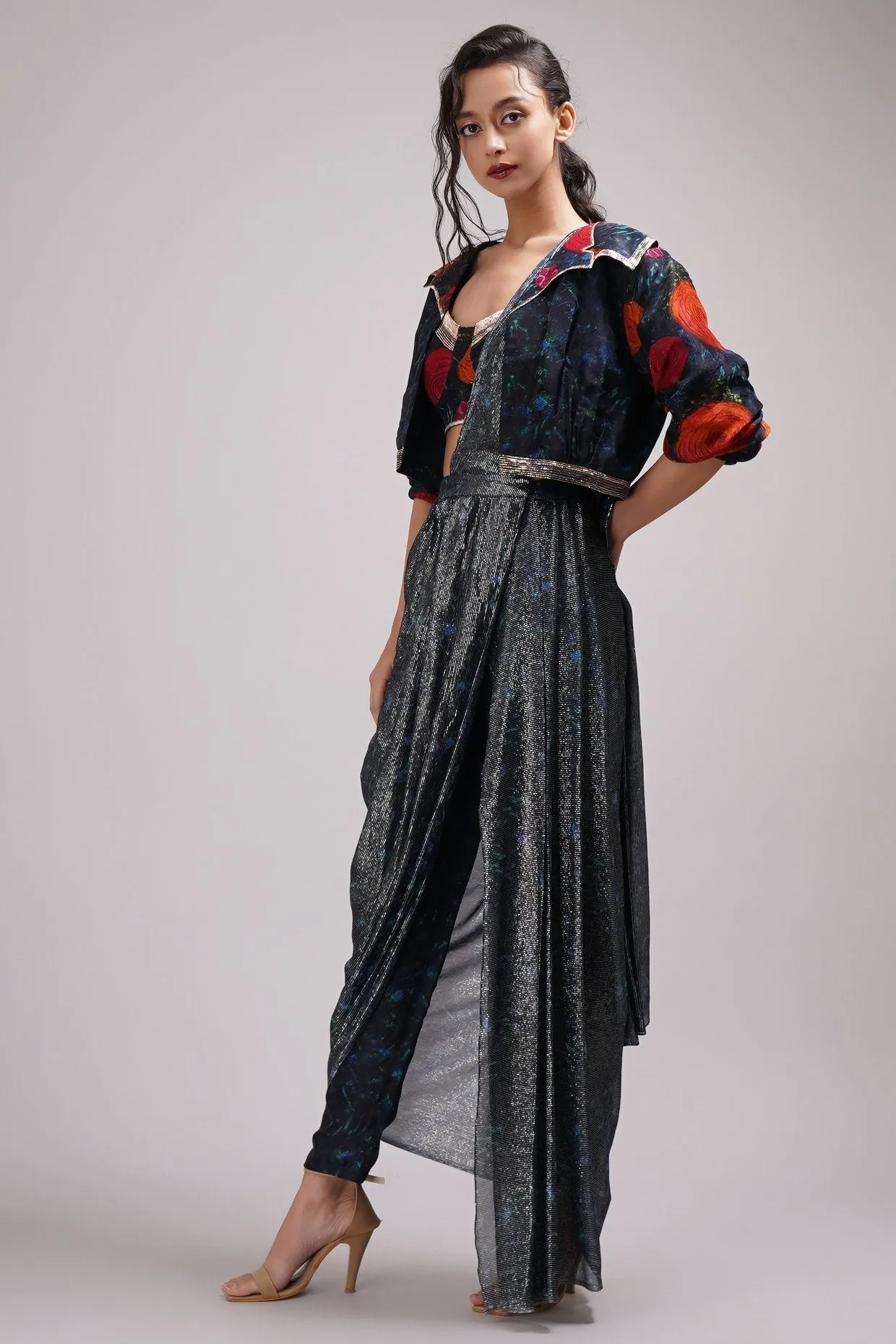 Fusion Style Bomber Jacket Drape Pant Saree Set