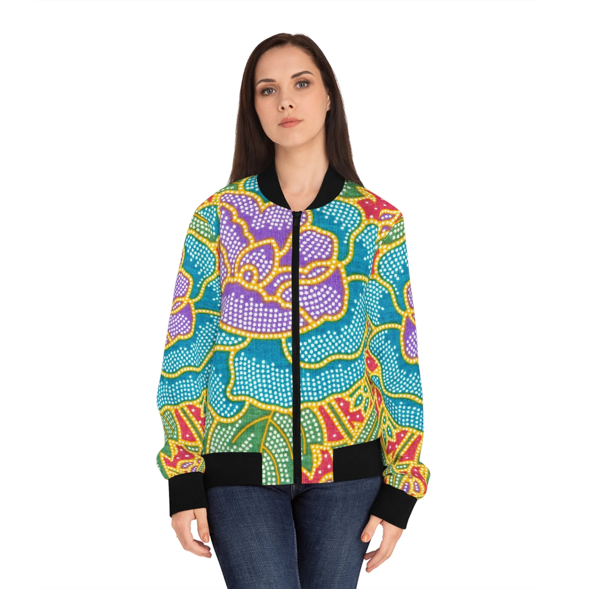 Green and red flowers - Inovax Women's Bomber Jacket