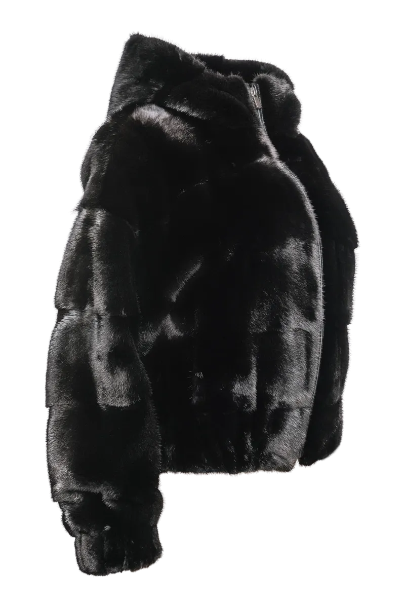 Hooded Horizontal Ranch Mink Fur Bomber Jacket