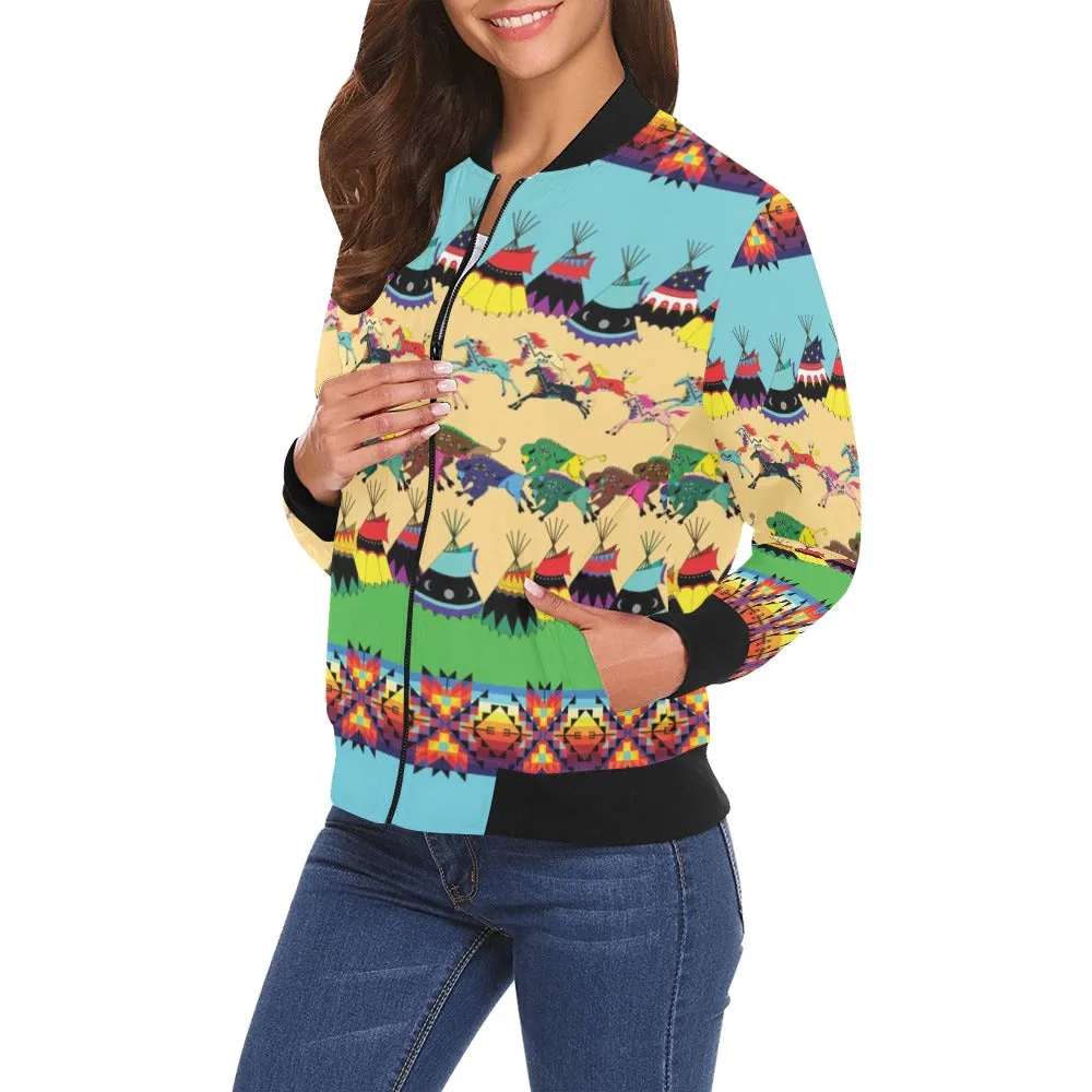 Horses and Buffalo Ledger Torquoise Bomber Jacket for Women