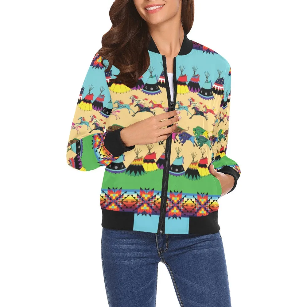 Horses and Buffalo Ledger Torquoise Bomber Jacket for Women