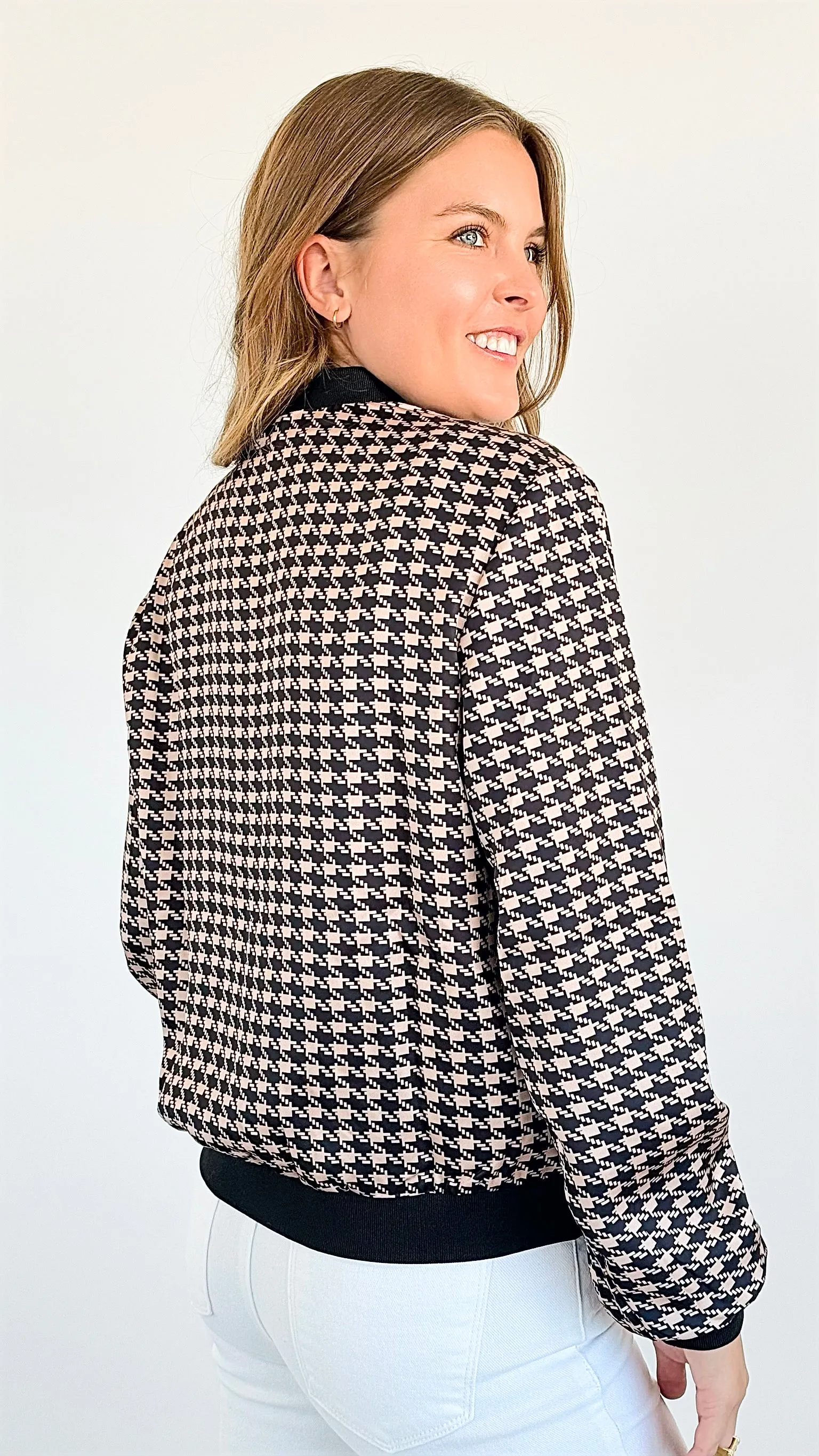 Houndstooth Satin Bomber Jacket