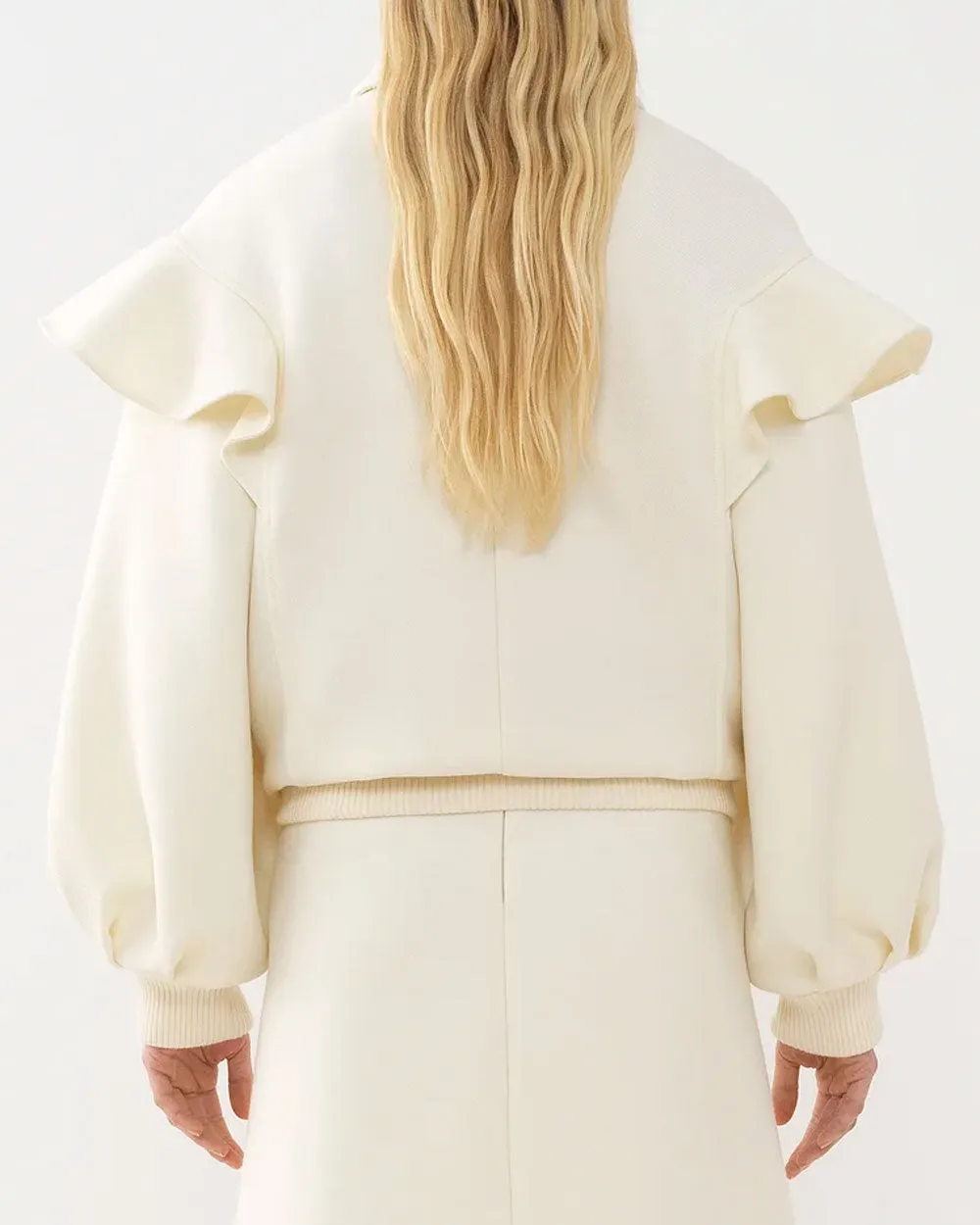 Iconic Milk Ruffle Shoulder Bomber Jacket