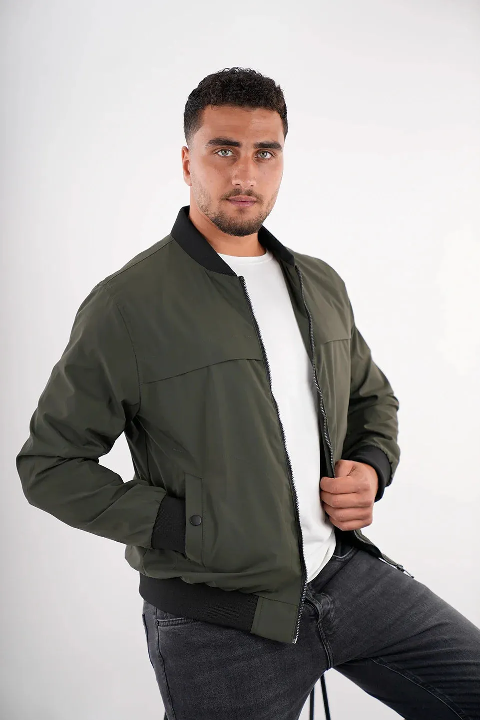 Khaki Bomber Jacket With Zipper To Close