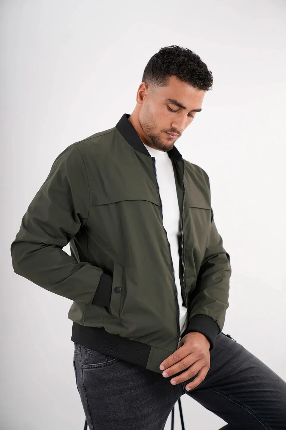 Khaki Bomber Jacket With Zipper To Close