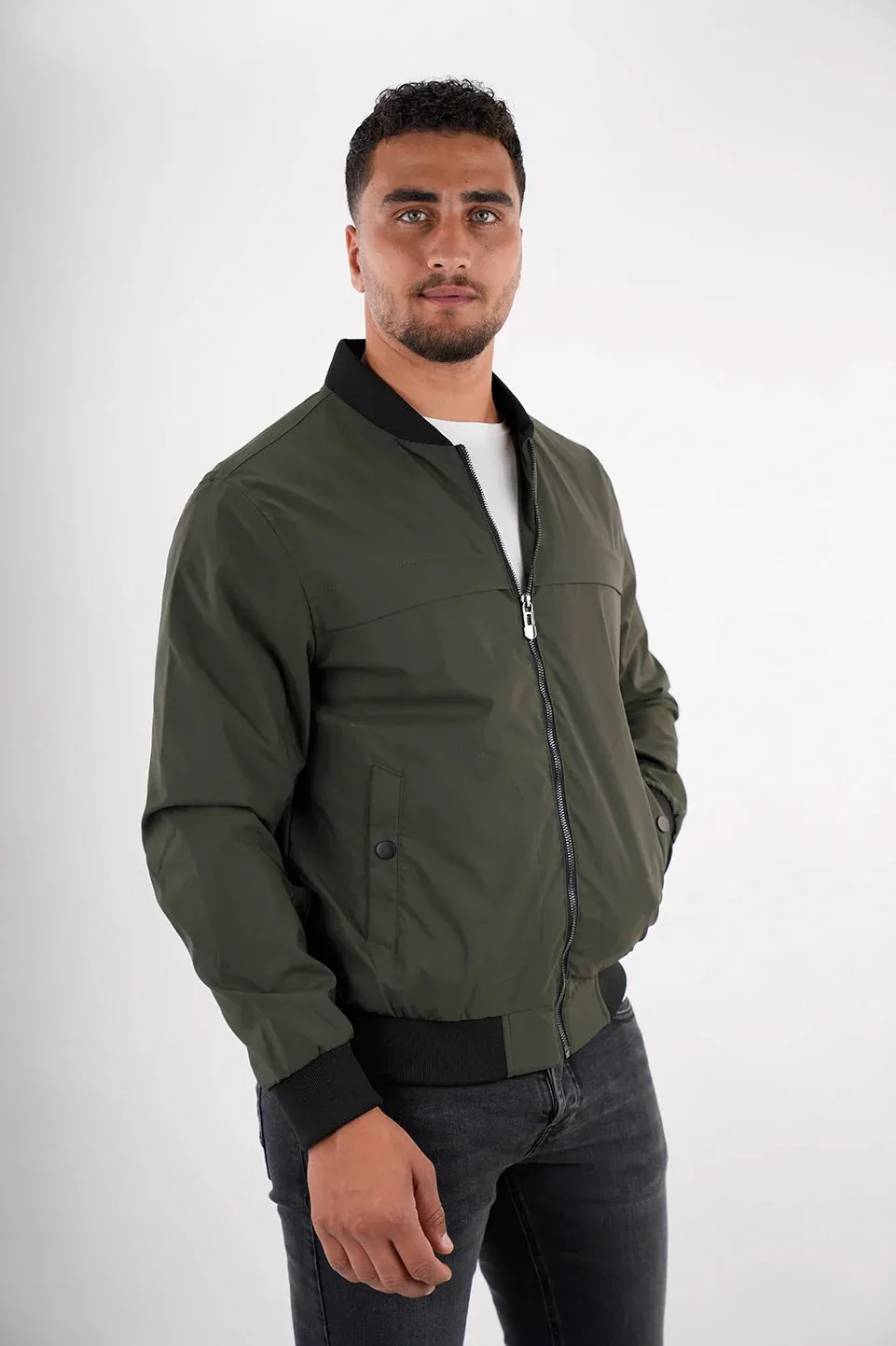 Khaki Bomber Jacket With Zipper To Close