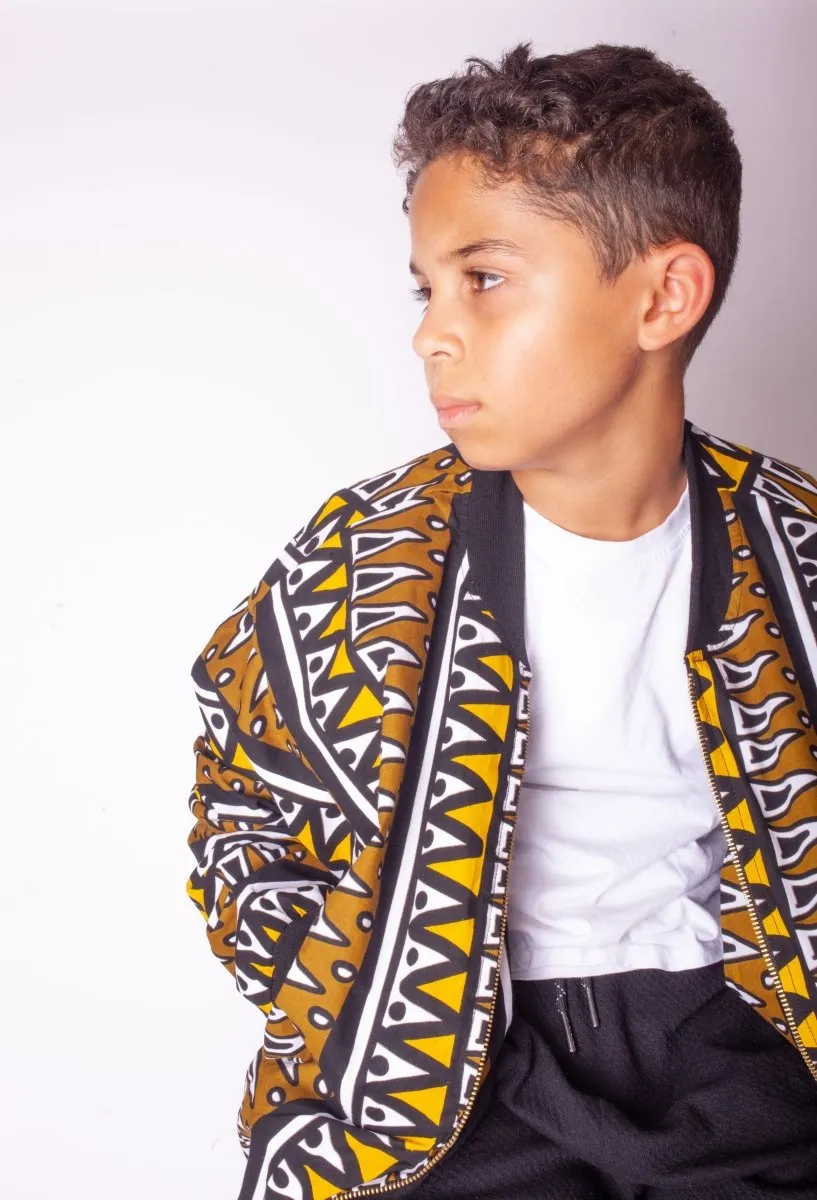 Kids African Bomber Jacket In Earthy Tones Mud Cloth