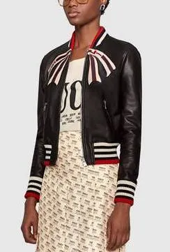 Leather Bomber Jacket with Bow