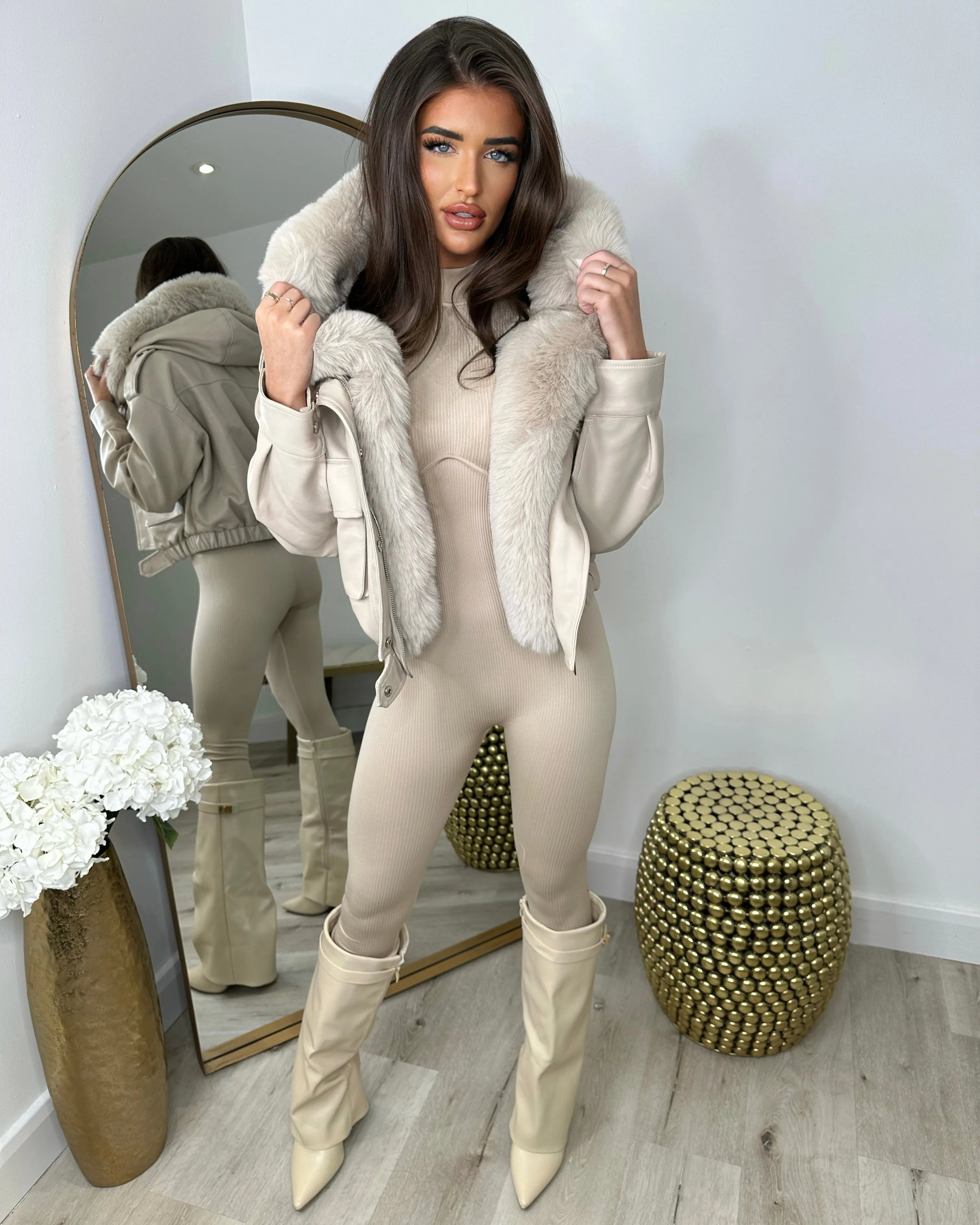 Lexie Pu Leather and Fur Hooded Bomber Jacket - Beige