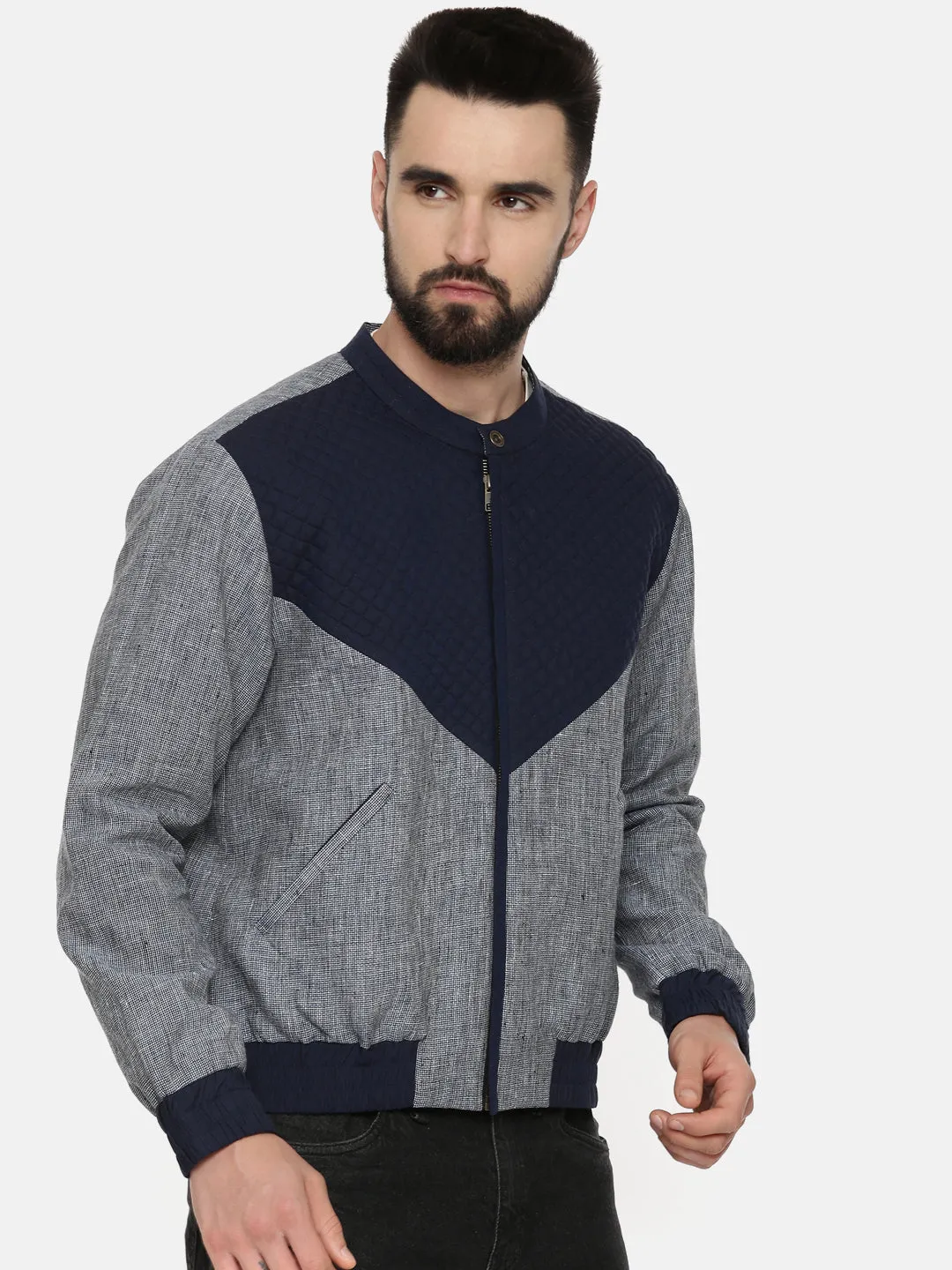 Linen Cotton Quilted Blue Jacket - MMBJ014