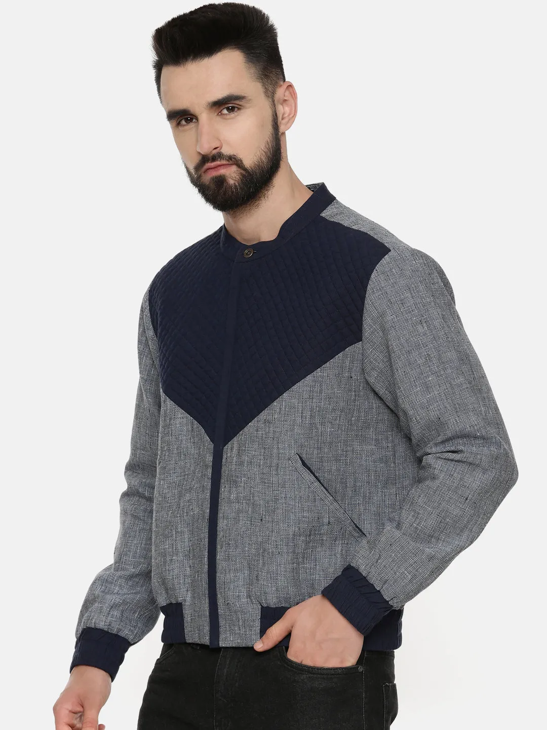 Linen Cotton Quilted Blue Jacket - MMBJ014