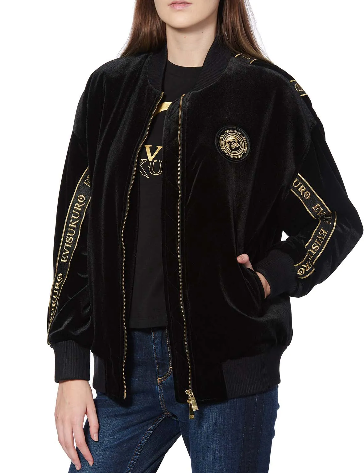 Logo Tape Padded Velvet Bomber Jacket