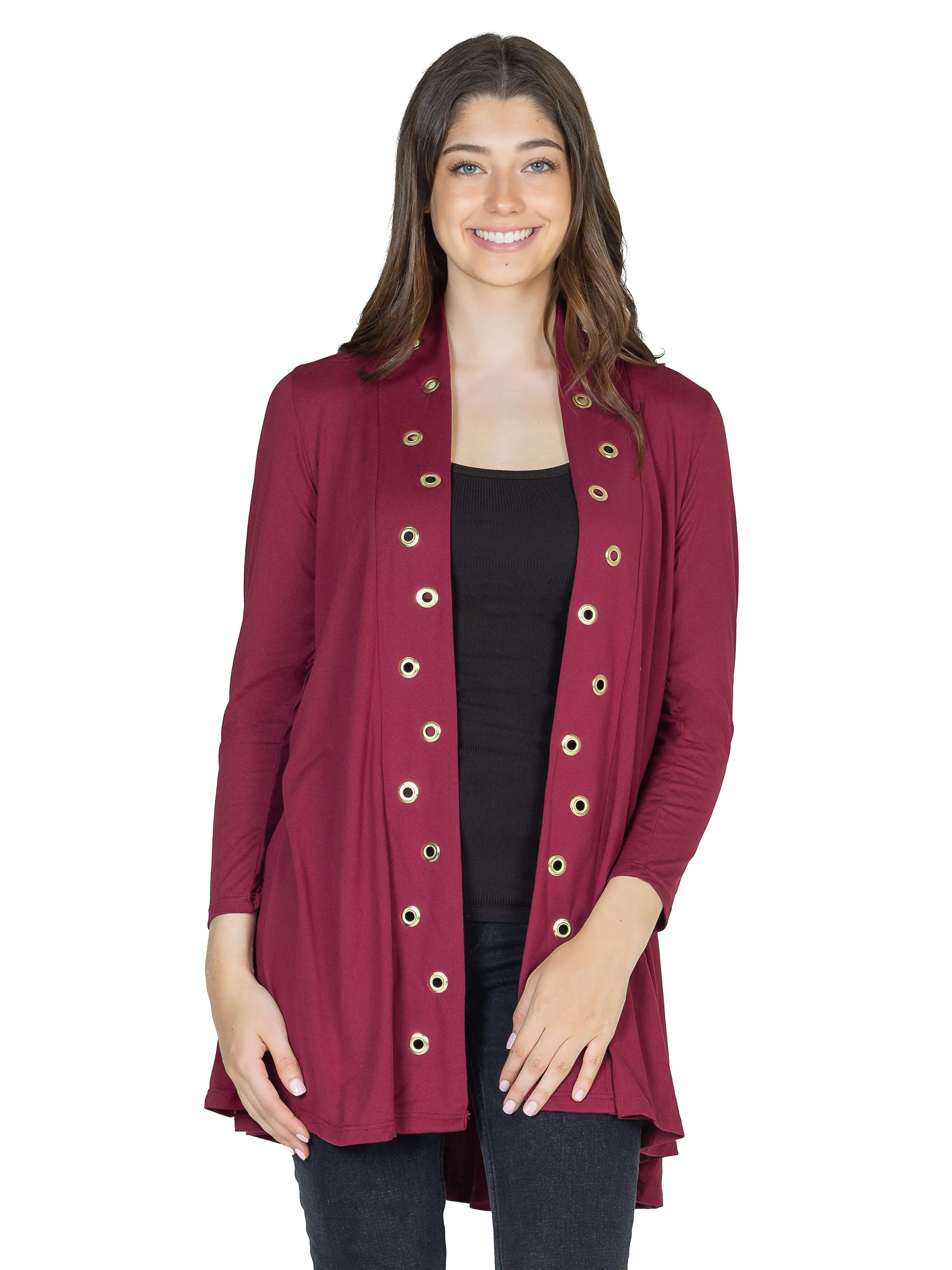 Long Sleeve Mid Thigh Open Front Cardigan with Grommet Details