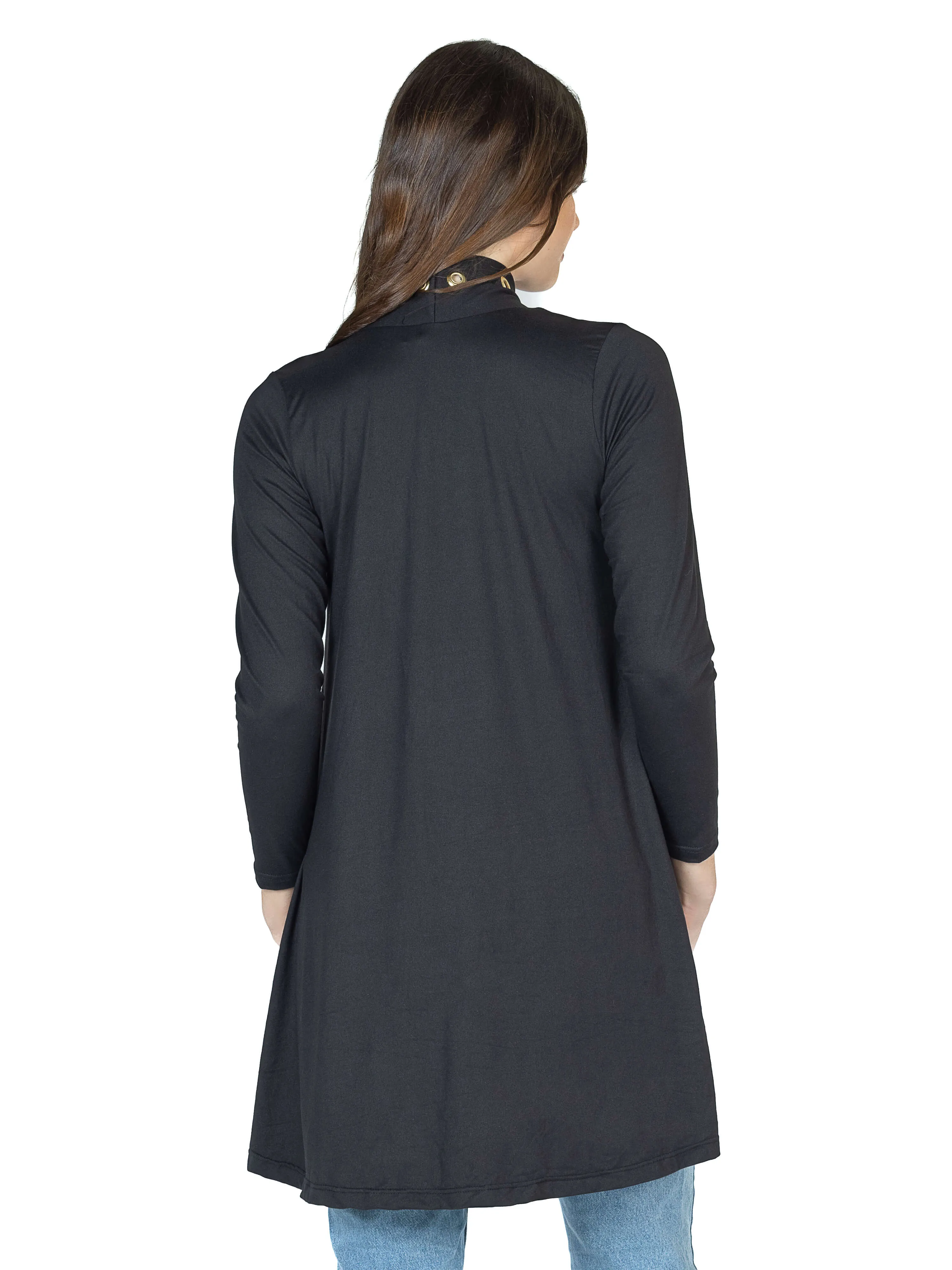 Long Sleeve Mid Thigh Open Front Cardigan with Grommet Details