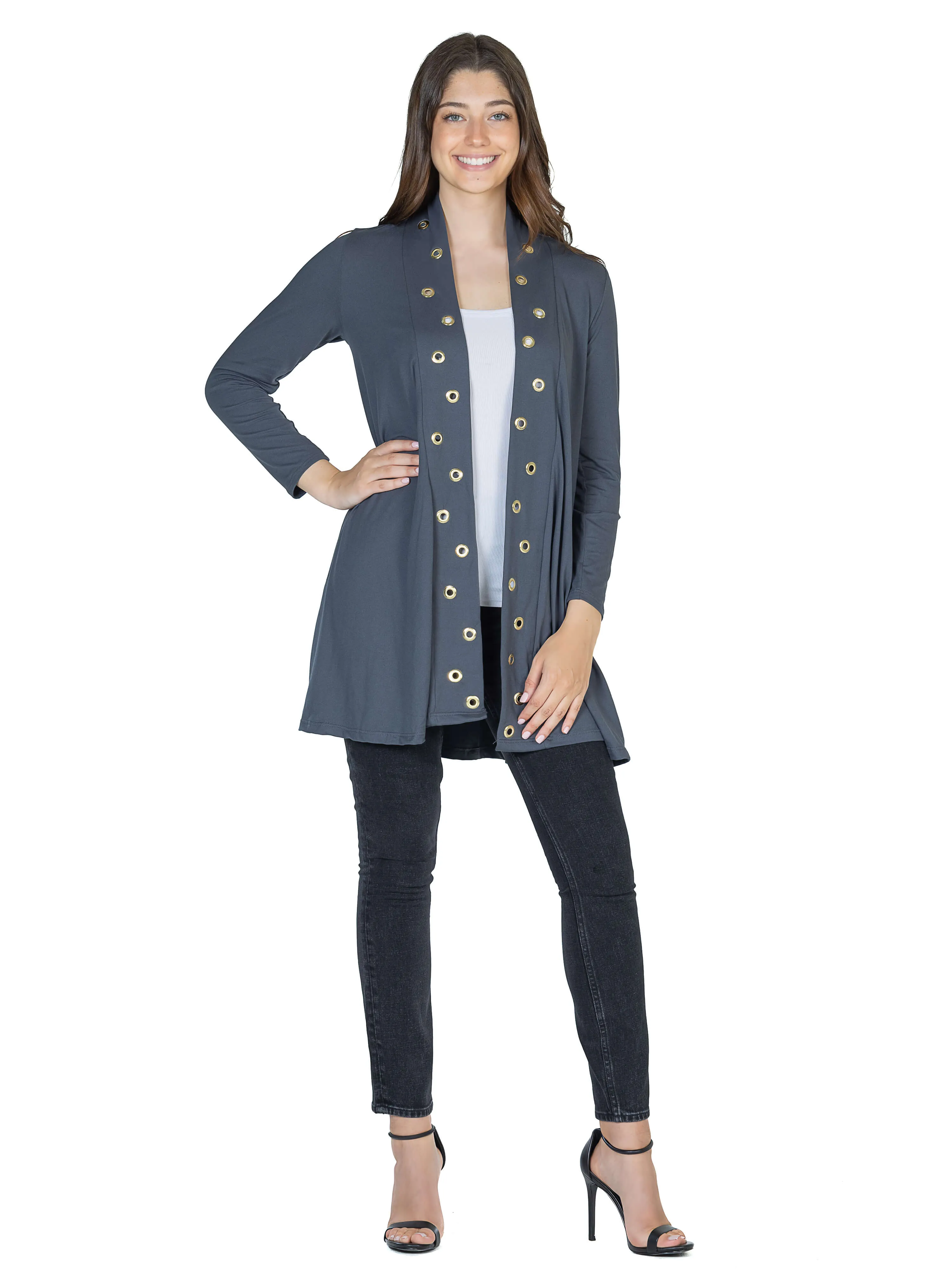 Long Sleeve Mid Thigh Open Front Cardigan with Grommet Details