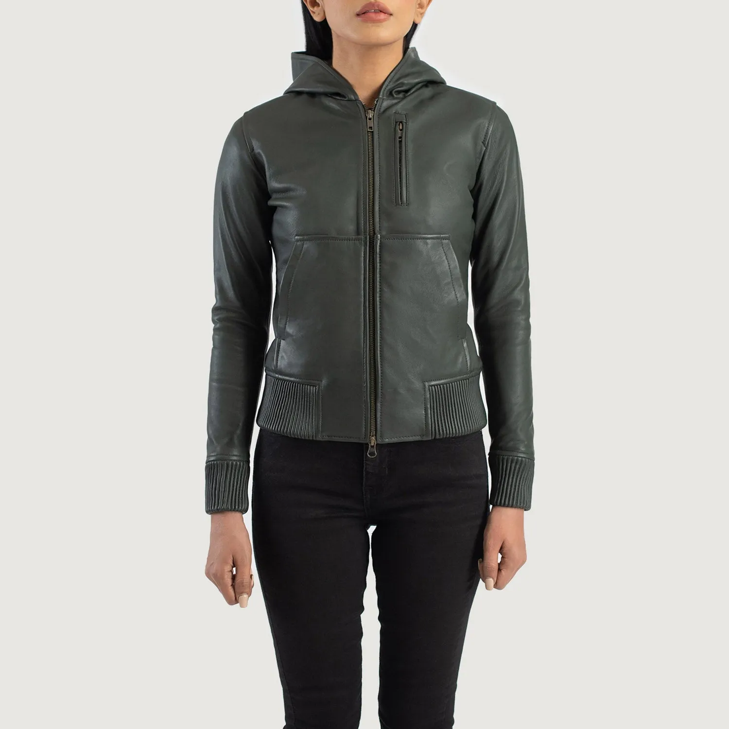 Luna Green Hooded Leather Bomber Jacket