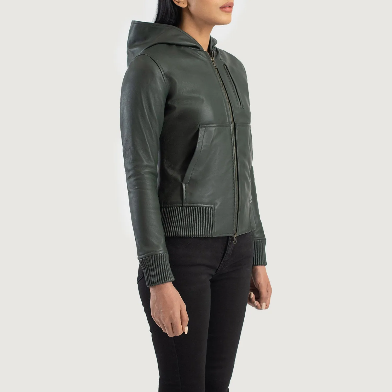 Luna Green Hooded Leather Bomber Jacket