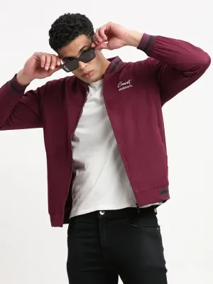 Men Mandarin Collar Purple Solid Bomber Jacket