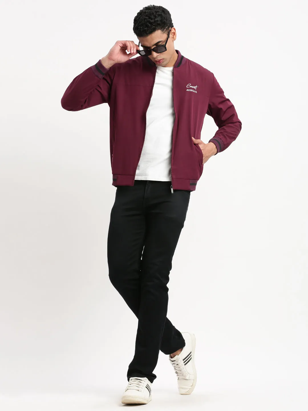 Men Mandarin Collar Purple Solid Bomber Jacket