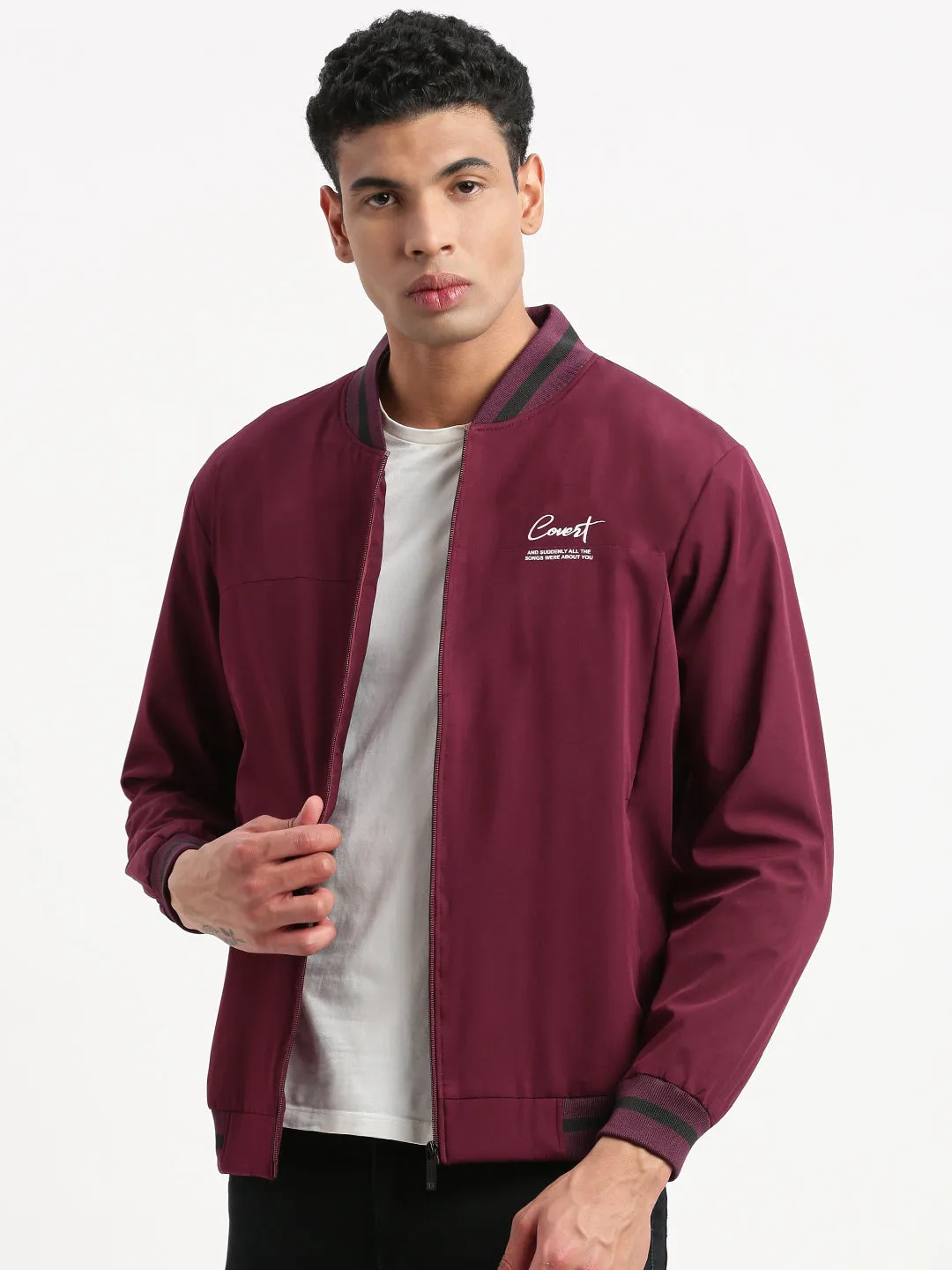 Men Mandarin Collar Purple Solid Bomber Jacket