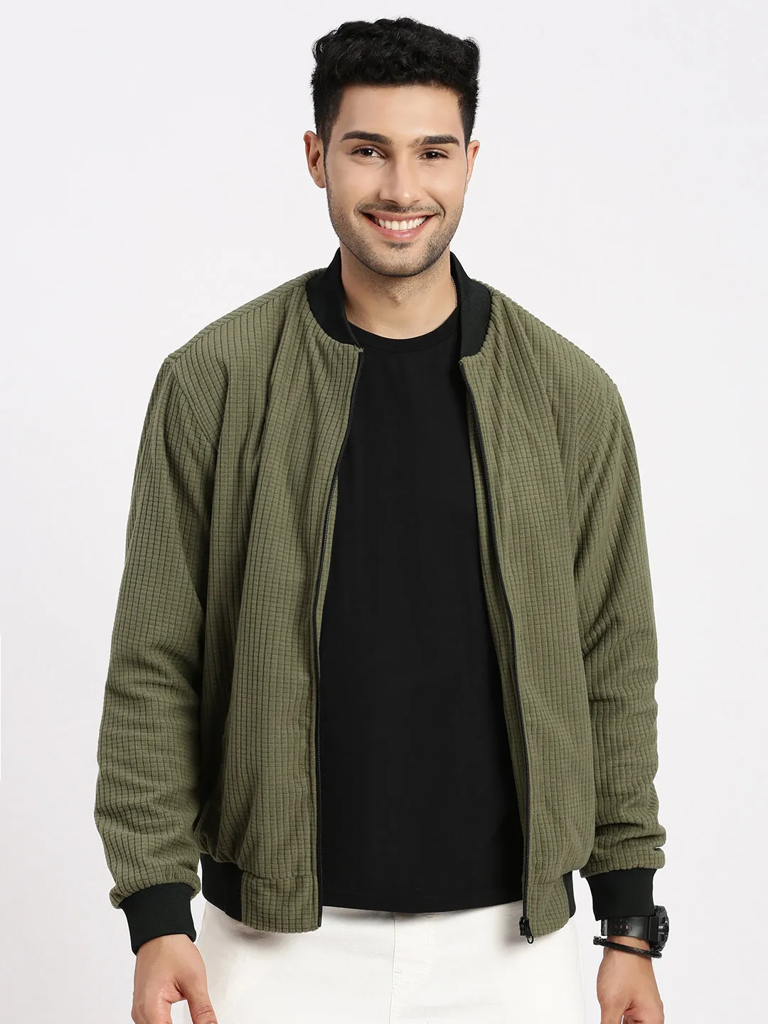 Men Olive Solid Bomber Jacket