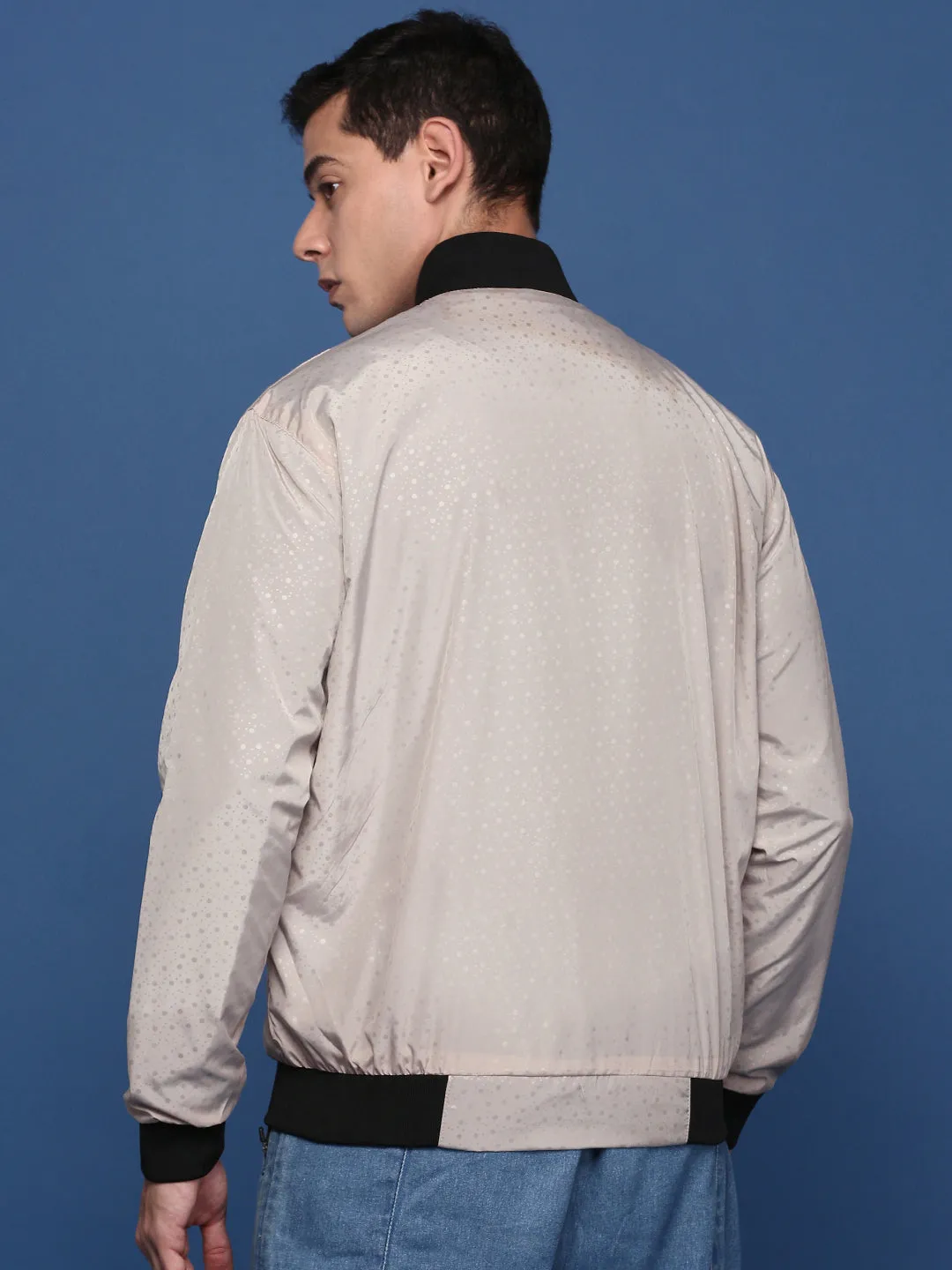 Men Printed Cream Bomber Jacket